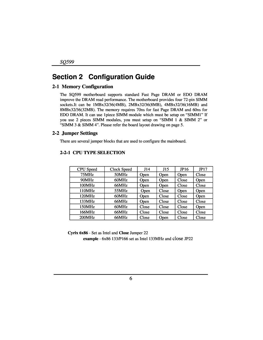 Intel SQ599 manual Configuration Guide, 2-1Memory Configuration, 2-2Jumper Settings, 2-2-1CPU TYPE SELECTION 