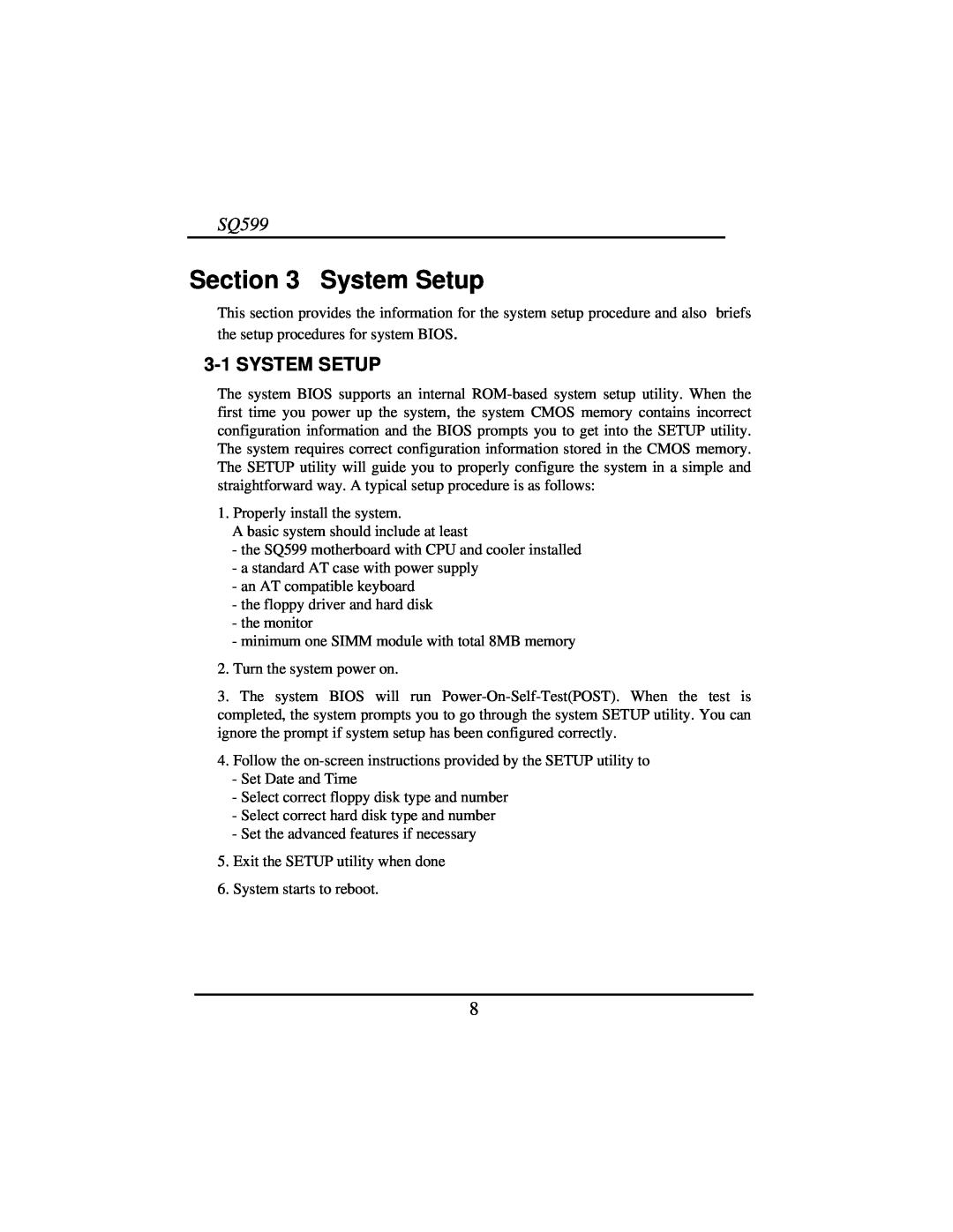 Intel SQ599 manual System Setup, 3-1SYSTEM SETUP 