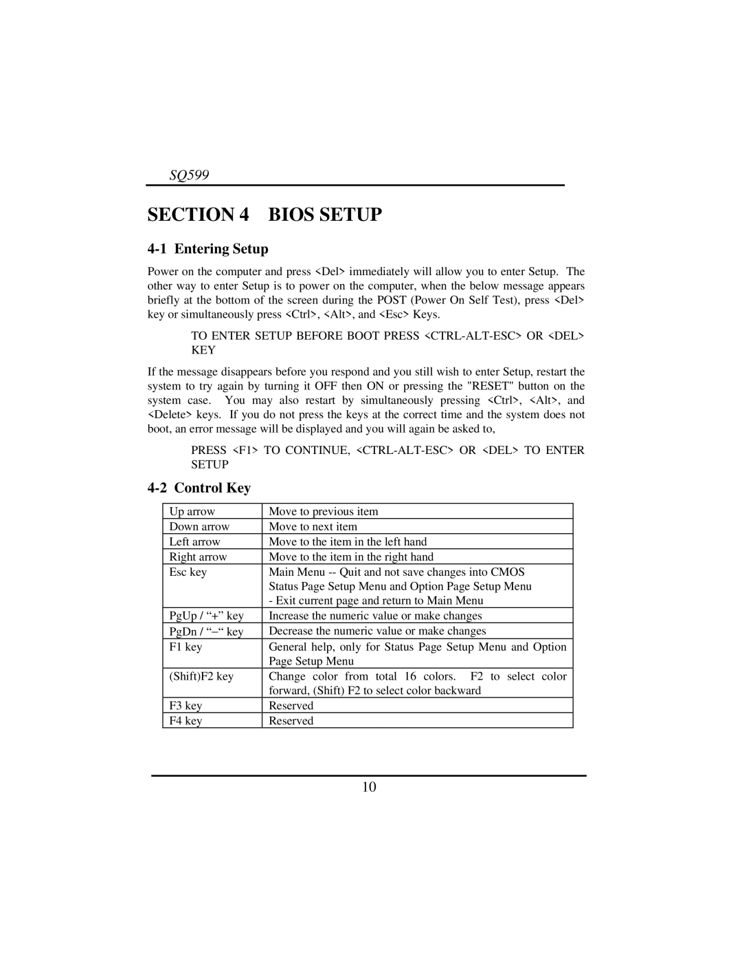 Intel SQ599 manual Entering Setup, Control Key, To Enter Setup Before Boot Press CTRL-ALT-ESC or DEL KEY 