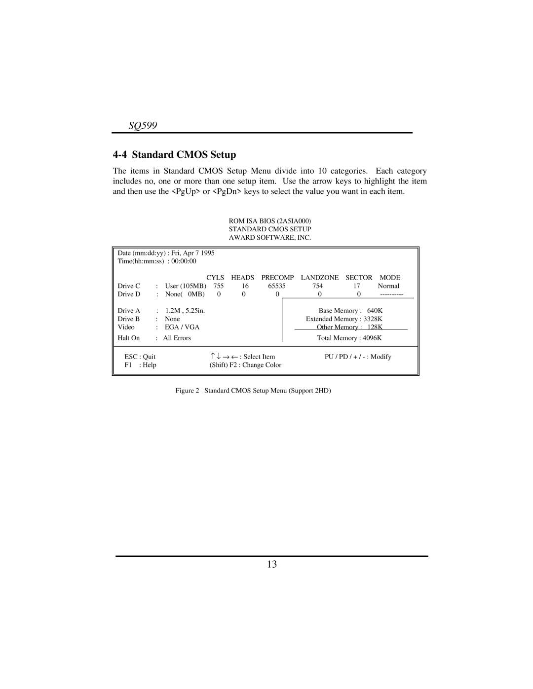 Intel SQ599 manual Standard Cmos Setup, Sector Mode 