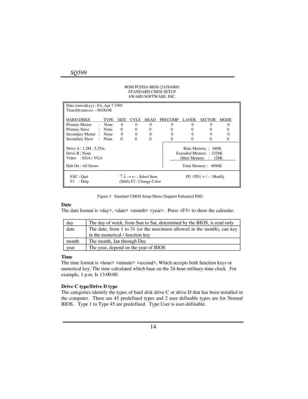 Intel SQ599 manual Date, Time, Drive C type/Drive D type 