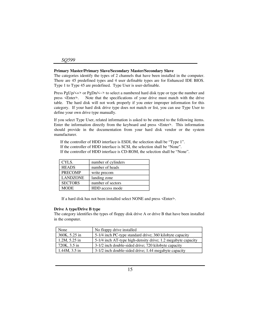 Intel SQ599 manual Drive a type/Drive B type 