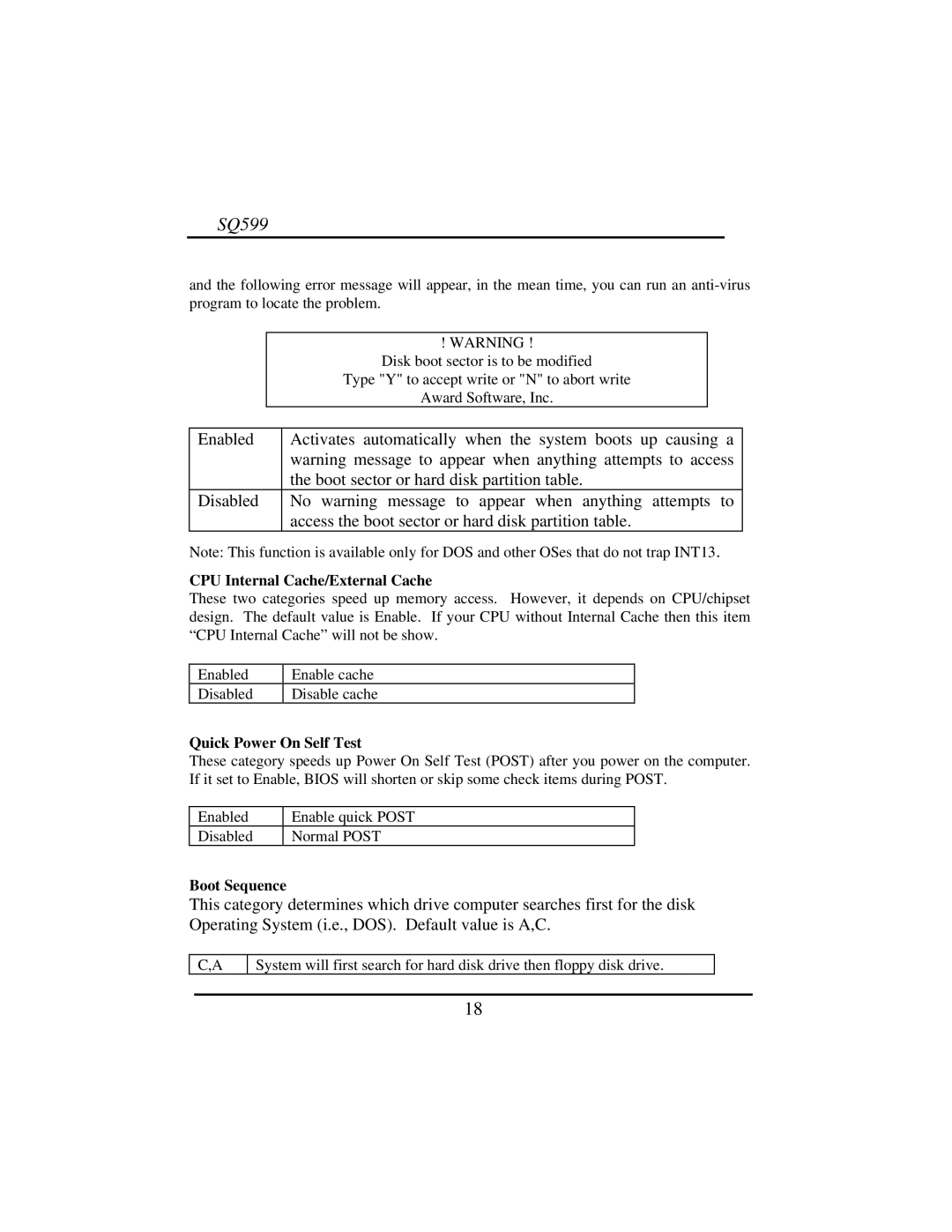 Intel SQ599 manual CPU Internal Cache/External Cache, Quick Power On Self Test, Boot Sequence 