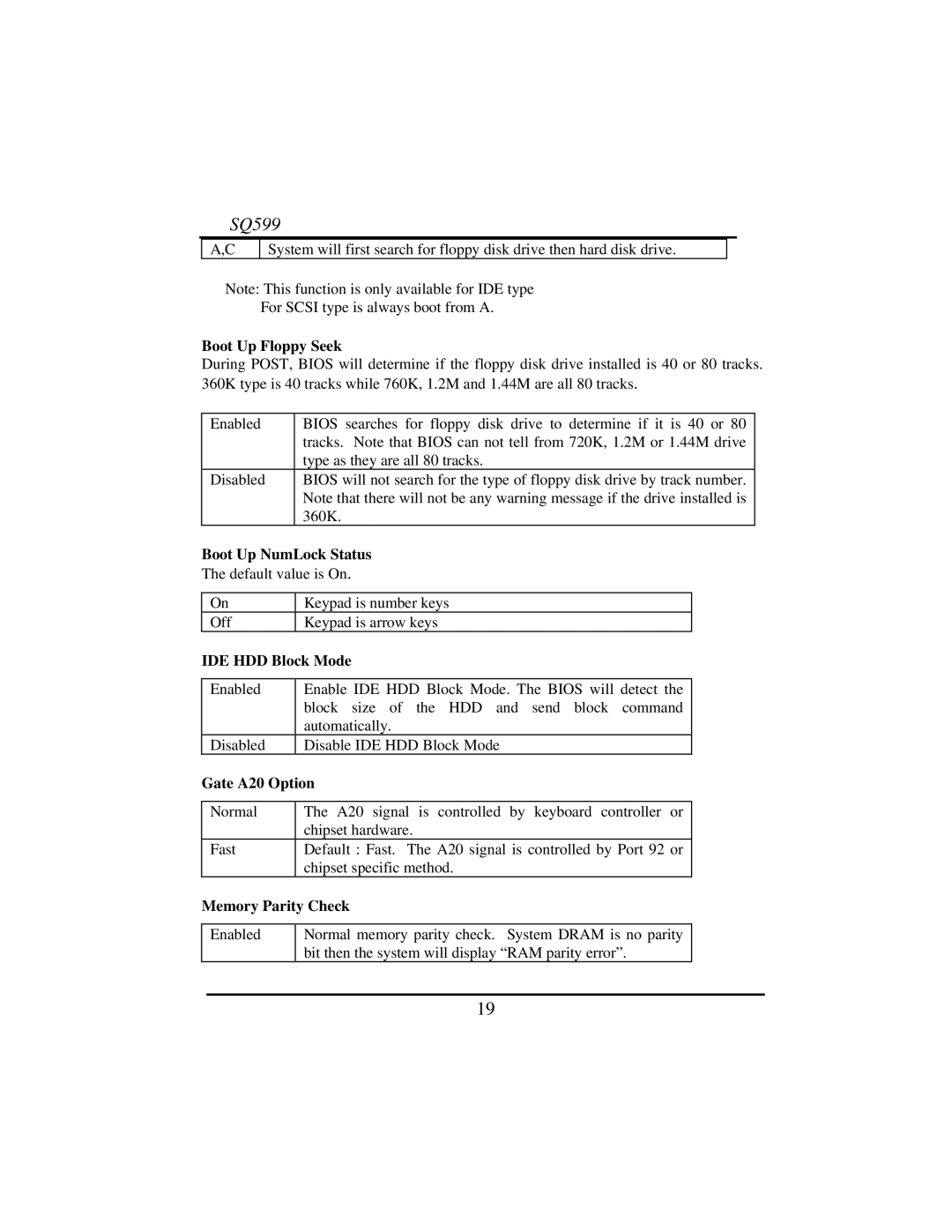 Intel SQ599 manual Boot Up Floppy Seek, Boot Up NumLock Status, IDE HDD Block Mode, Gate A20 Option, Memory Parity Check 