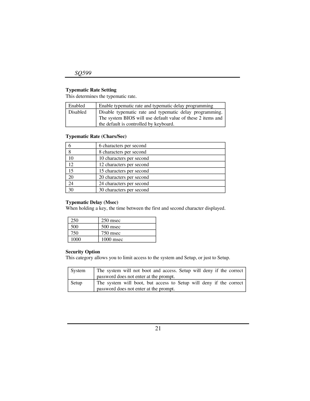 Intel SQ599 manual Typematic Rate Setting, Typematic Rate Chars/Sec, Typematic Delay Msec, Security Option 