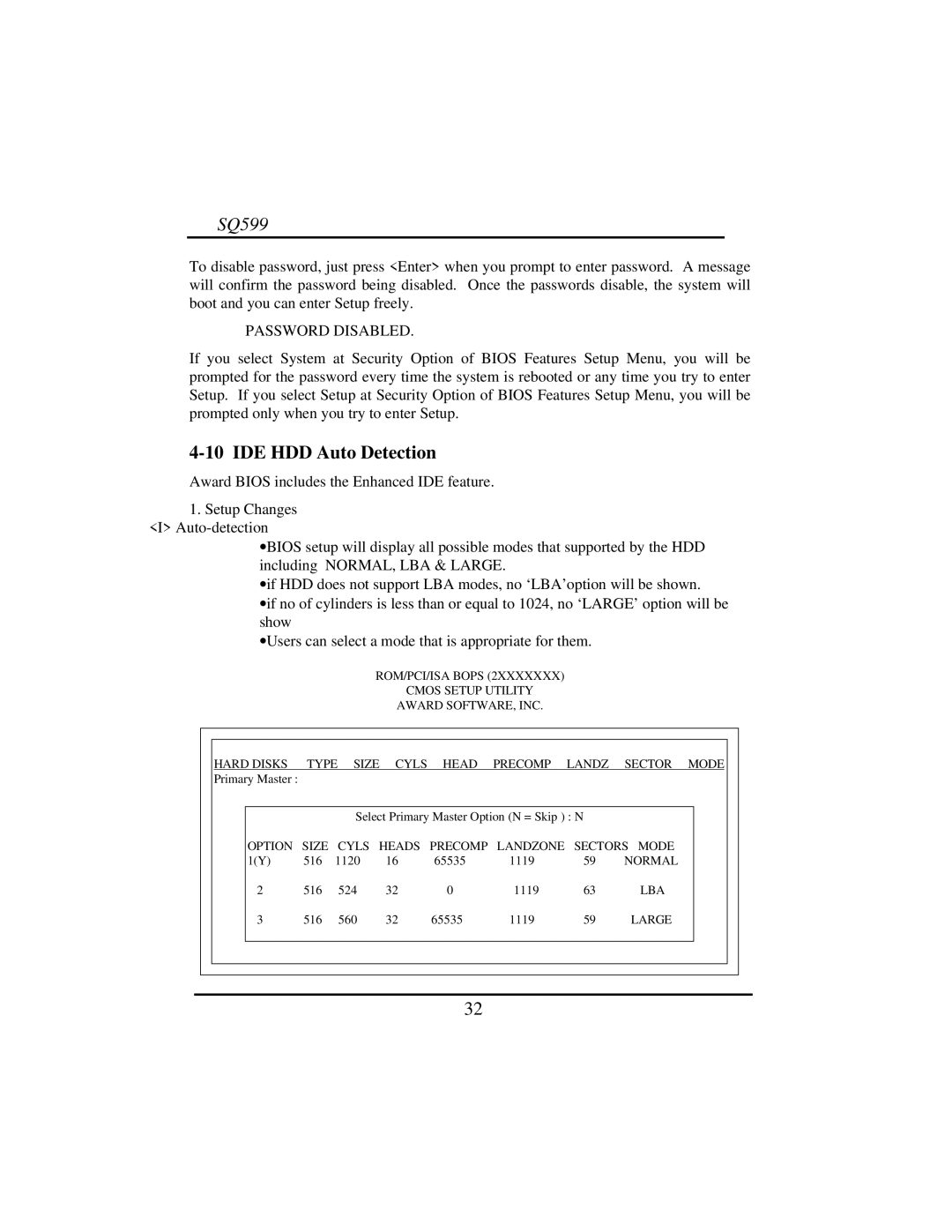 Intel SQ599 manual IDE HDD Auto Detection, Password Disabled 