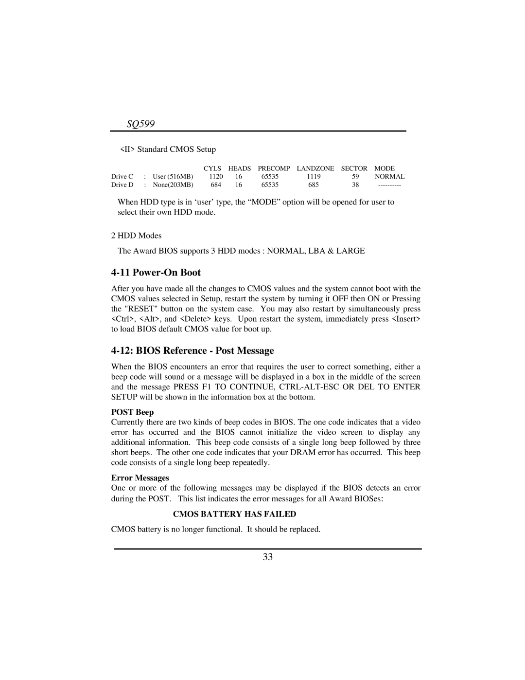 Intel SQ599 manual Power-On Boot, Bios Reference Post Message, Post Beep, Error Messages, Cmos Battery has Failed 