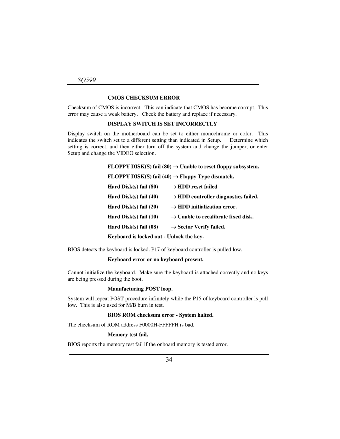 Intel SQ599 manual Cmos Checksum Error, Display Switch is SET Incorrectly 