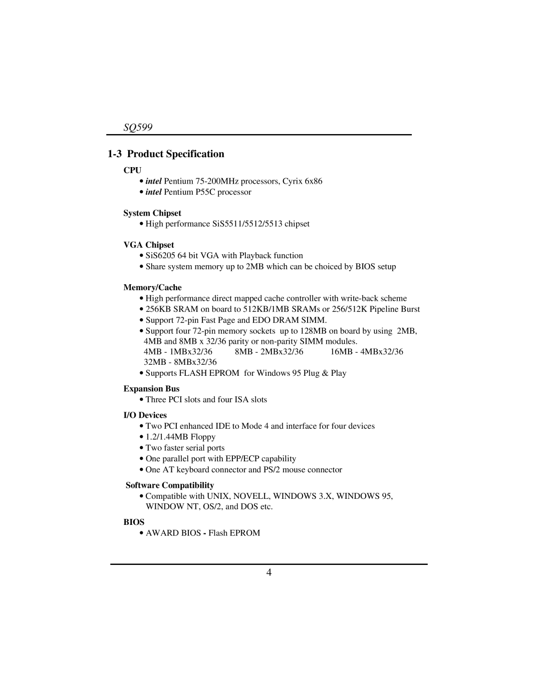 Intel SQ599 manual Product Specification, Cpu, Bios 