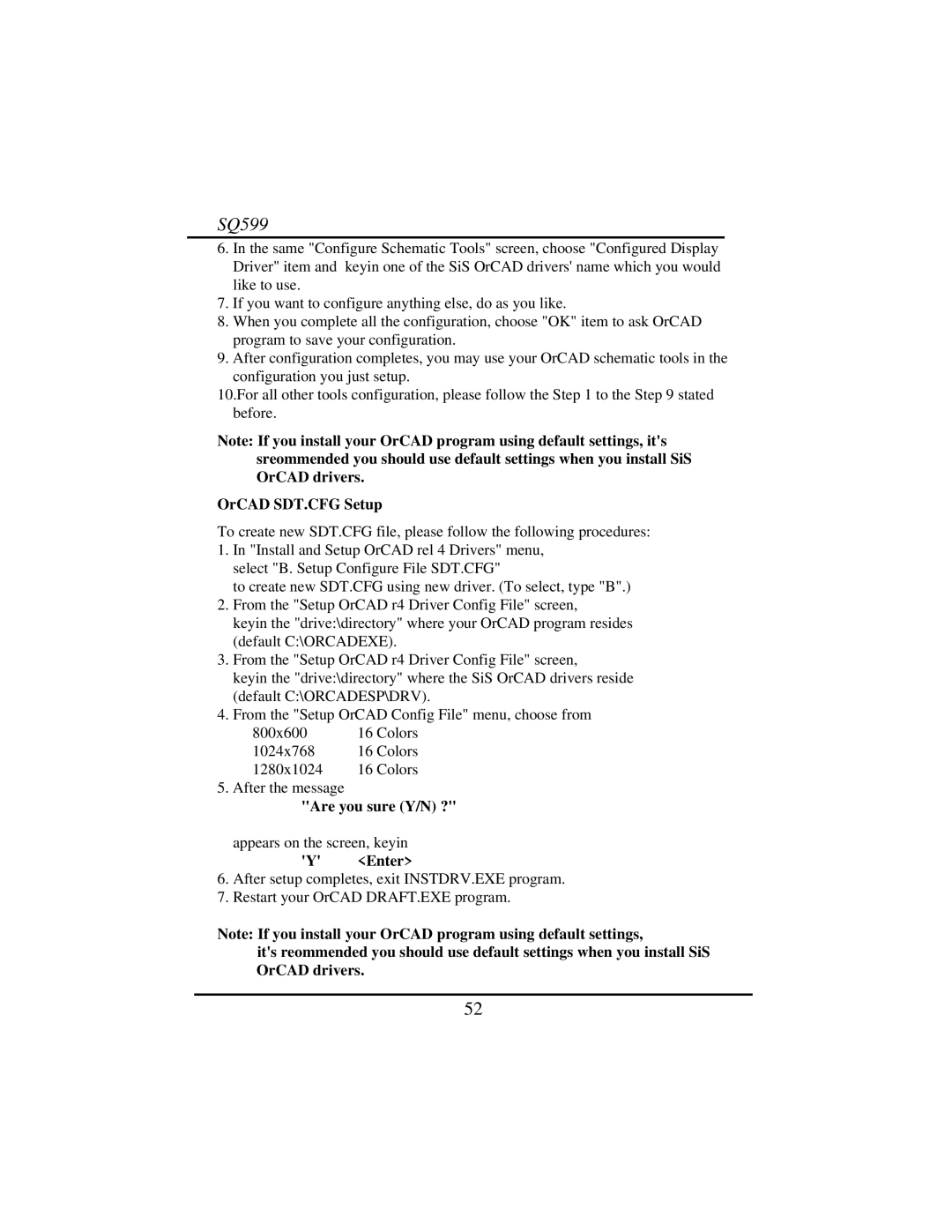 Intel SQ599 manual OrCAD SDT.CFG Setup, Are you sure Y/N ? 