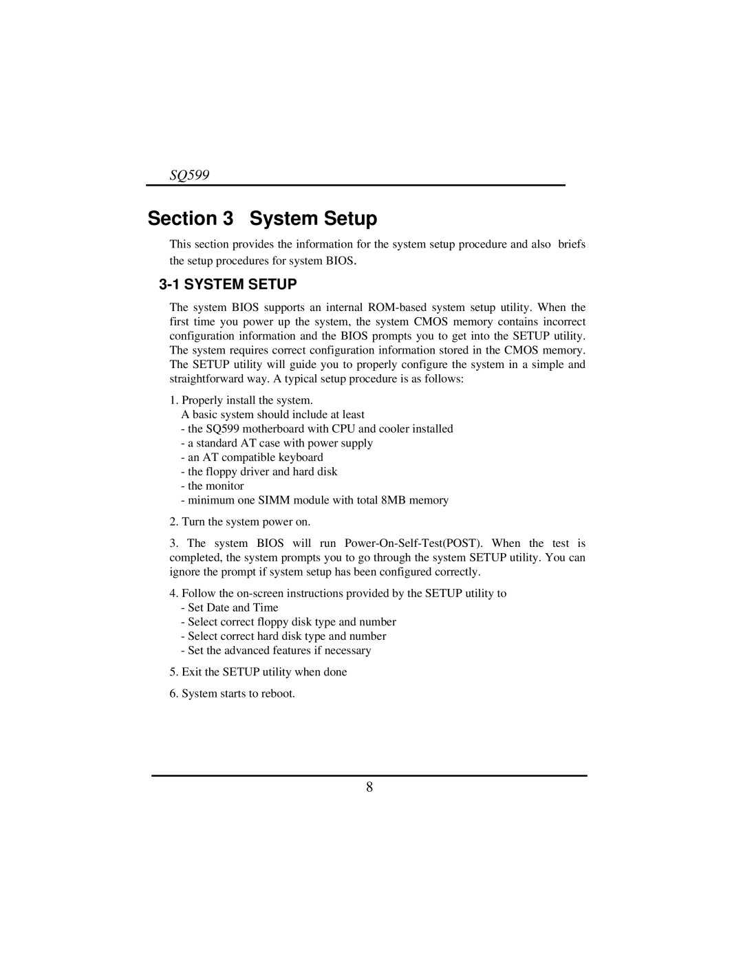 Intel SQ599 manual System Setup 