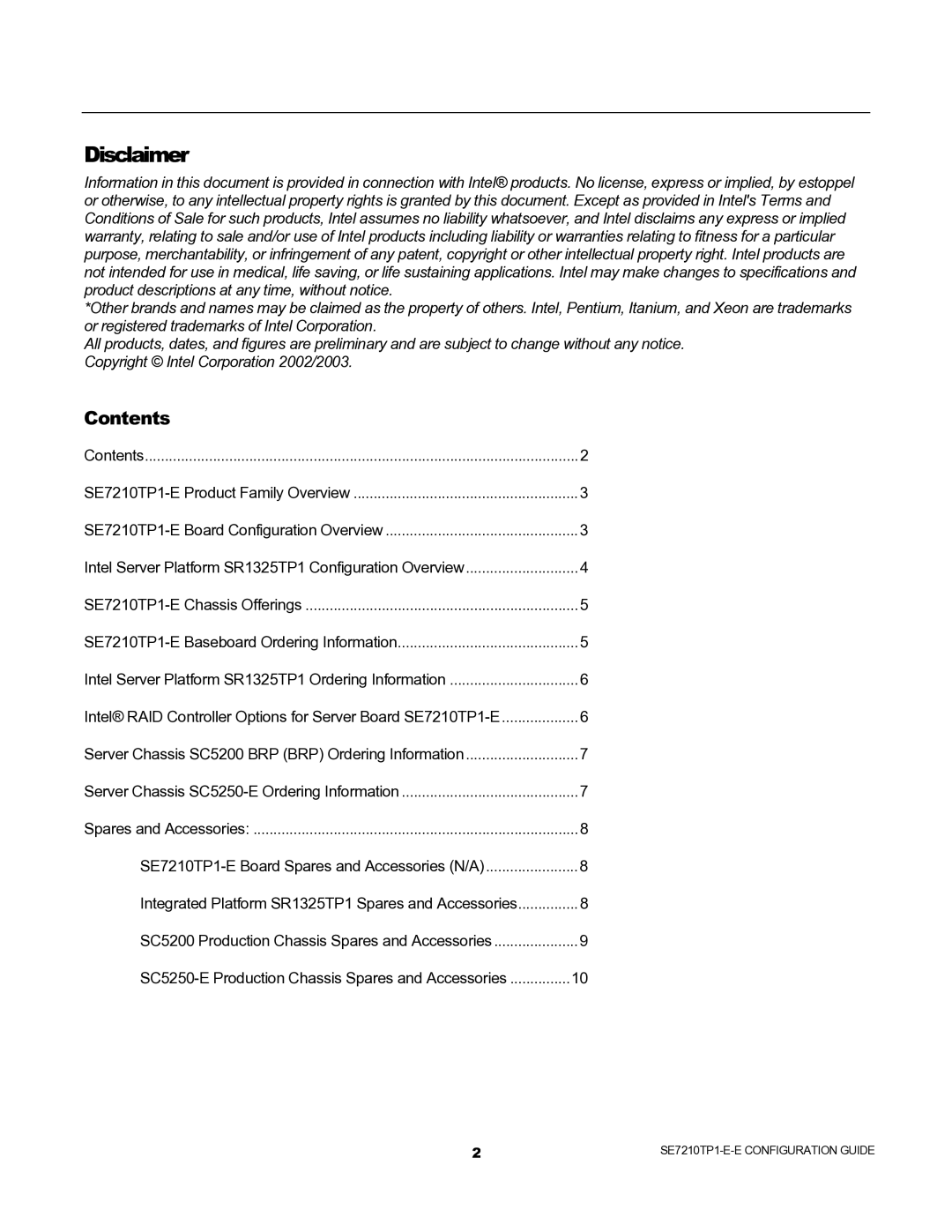 Intel SE7210TP1-E, SR1325TP1-E, SC5200, SC5250-E manual Disclaimer, Contents 