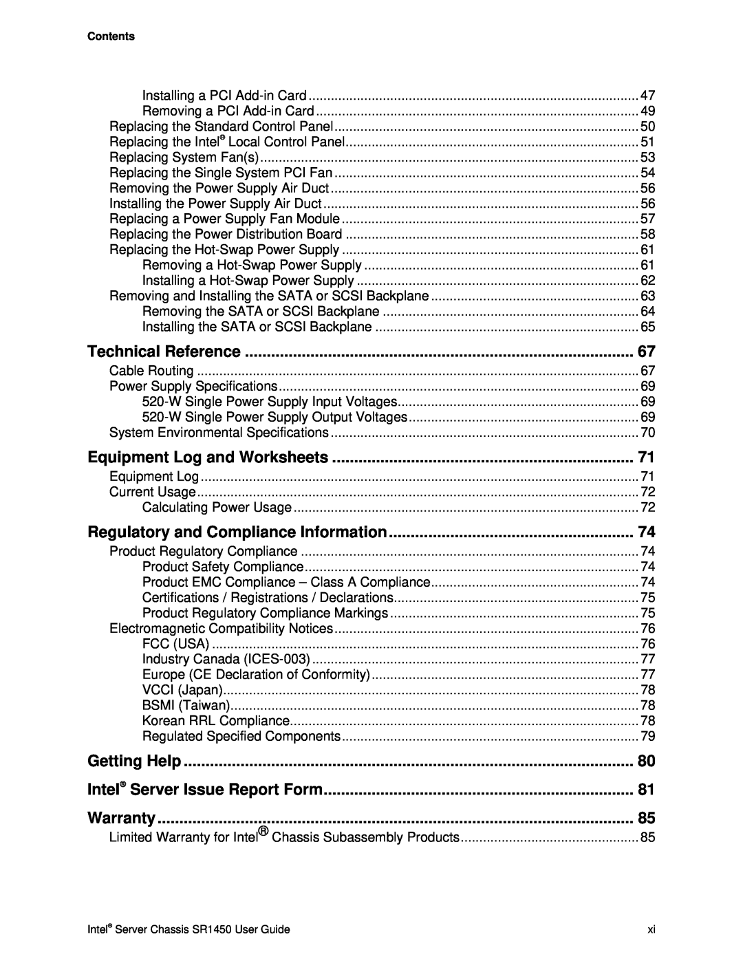 Intel SR1450 Equipment Log and Worksheets, Regulatory and Compliance Information, Intel Server Issue Report Form, Warranty 