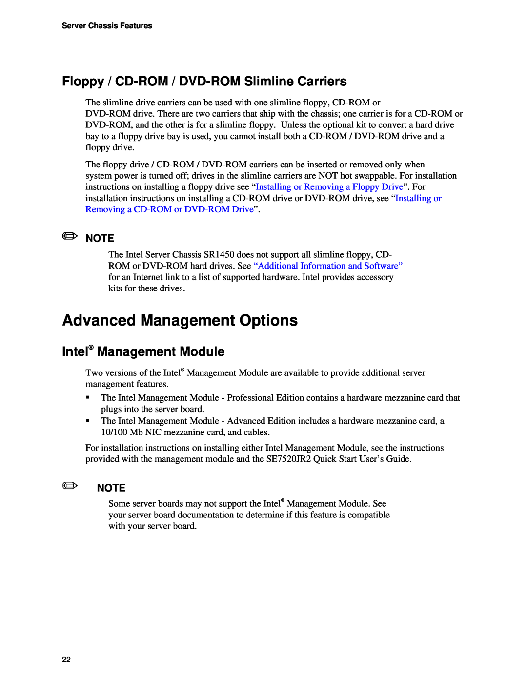 Intel SR1450 manual Advanced Management Options, Floppy / CD-ROM / DVD-ROMSlimline Carriers, Intel Management Module 