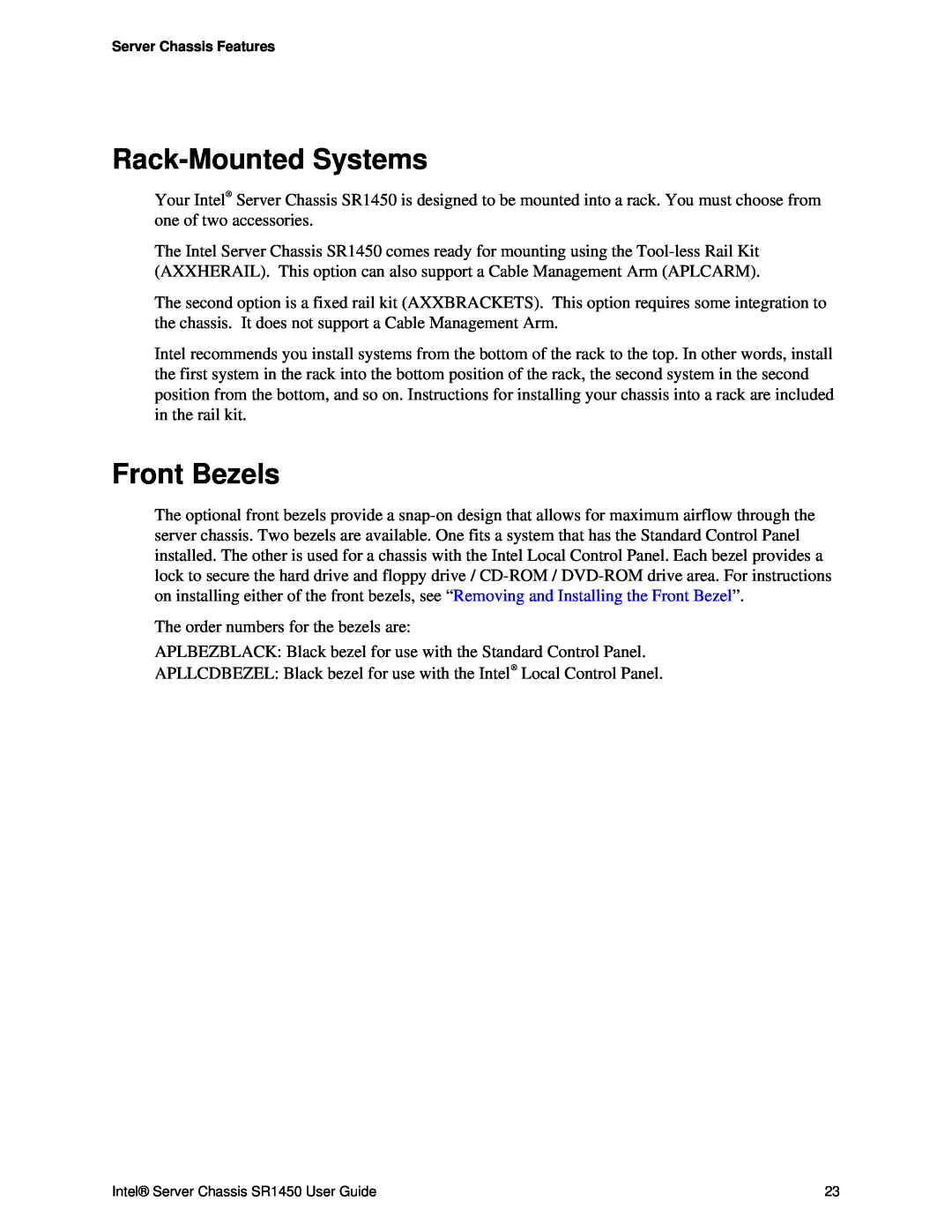 Intel SR1450 manual Rack-MountedSystems, Front Bezels 