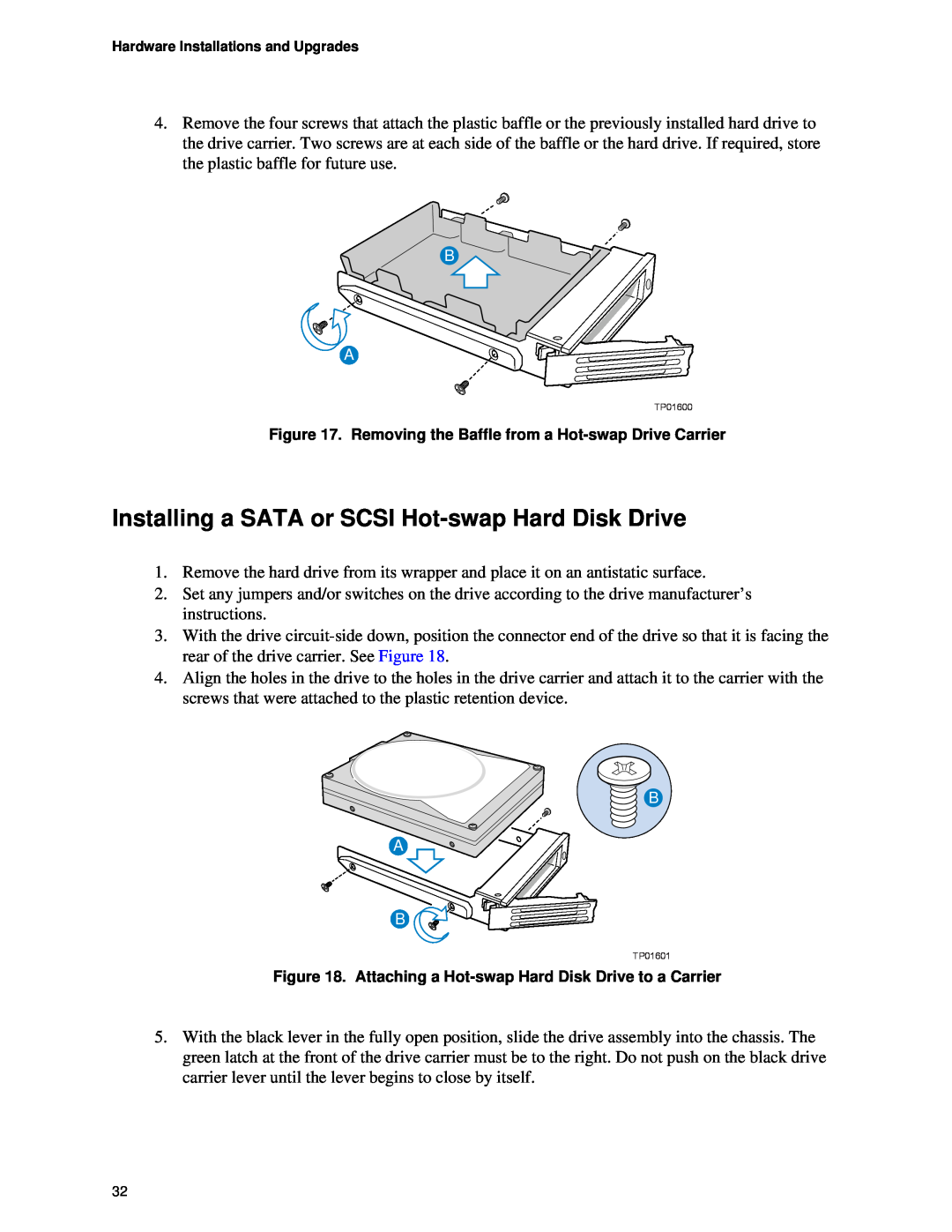 Intel SR1450 manual Installing a SATA or SCSI Hot-swapHard Disk Drive, B A B 
