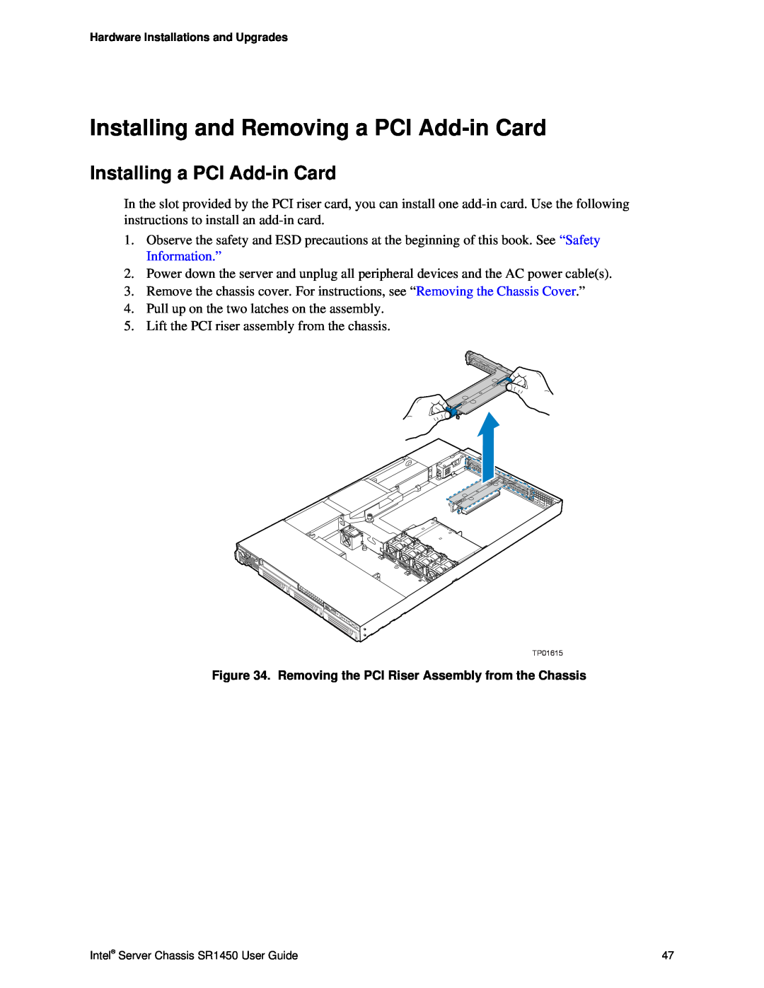 Intel SR1450 manual Installing and Removing a PCI Add-inCard, Installing a PCI Add-inCard 