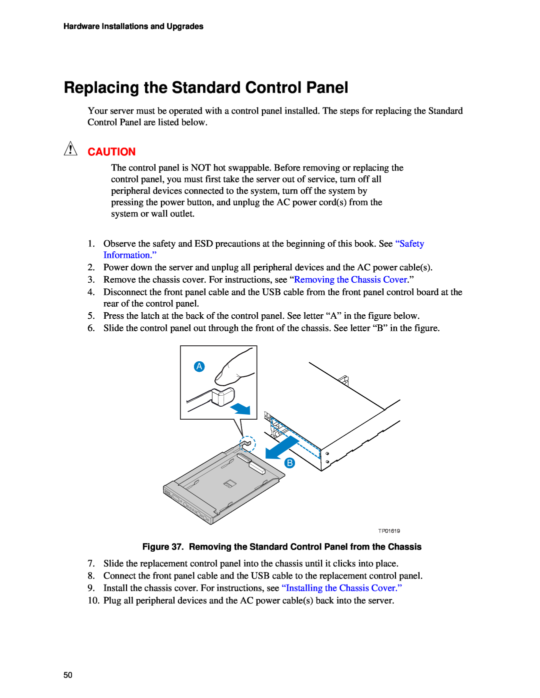 Intel SR1450 manual Replacing the Standard Control Panel, TP01619 