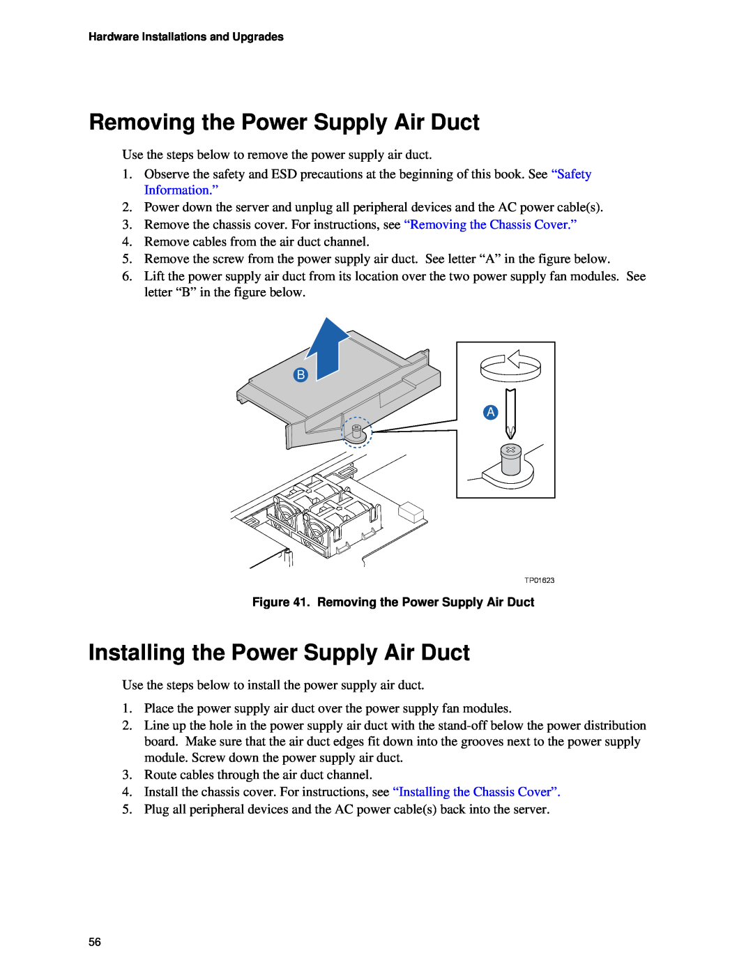 Intel SR1450 manual Removing the Power Supply Air Duct, Installing the Power Supply Air Duct 