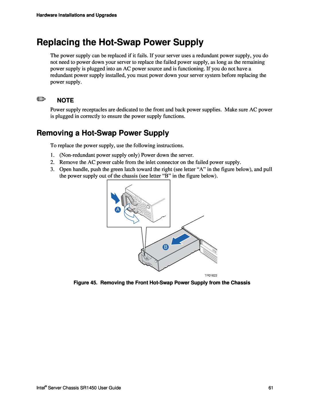 Intel SR1450 manual Replacing the Hot-SwapPower Supply, Removing a Hot-SwapPower Supply 