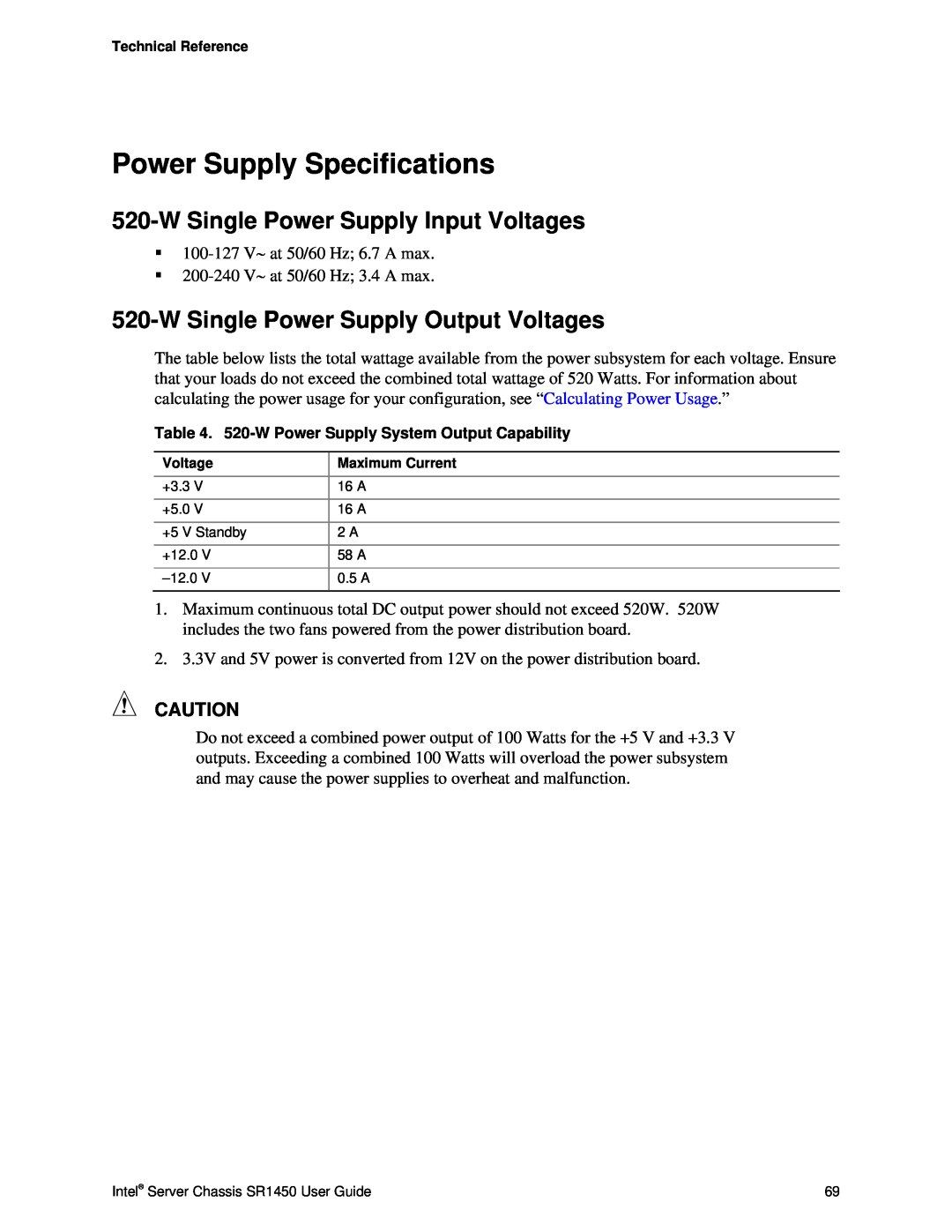 Intel SR1450 manual Power Supply Specifications, WSingle Power Supply Input Voltages, WSingle Power Supply Output Voltages 