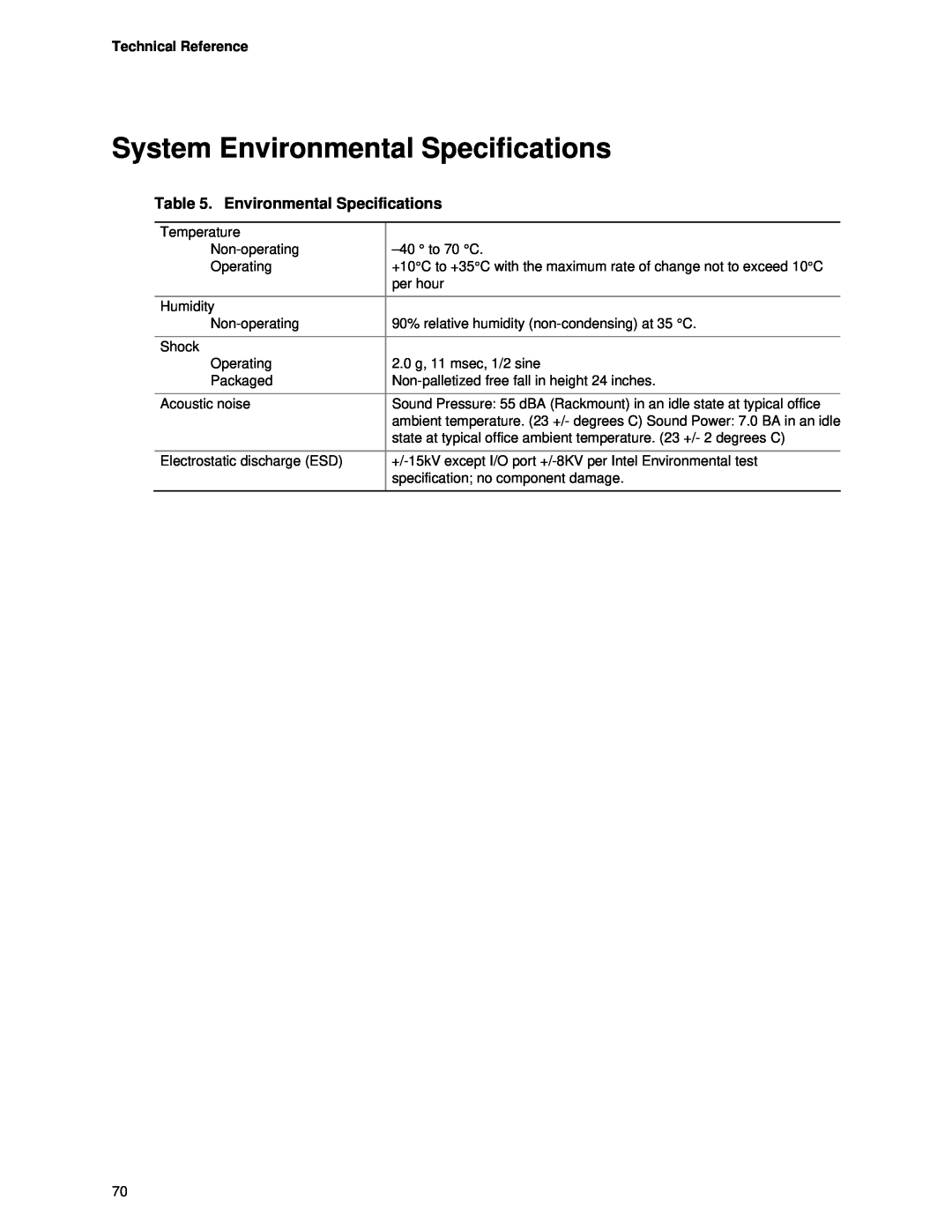 Intel SR1450 manual System Environmental Specifications, Technical Reference 