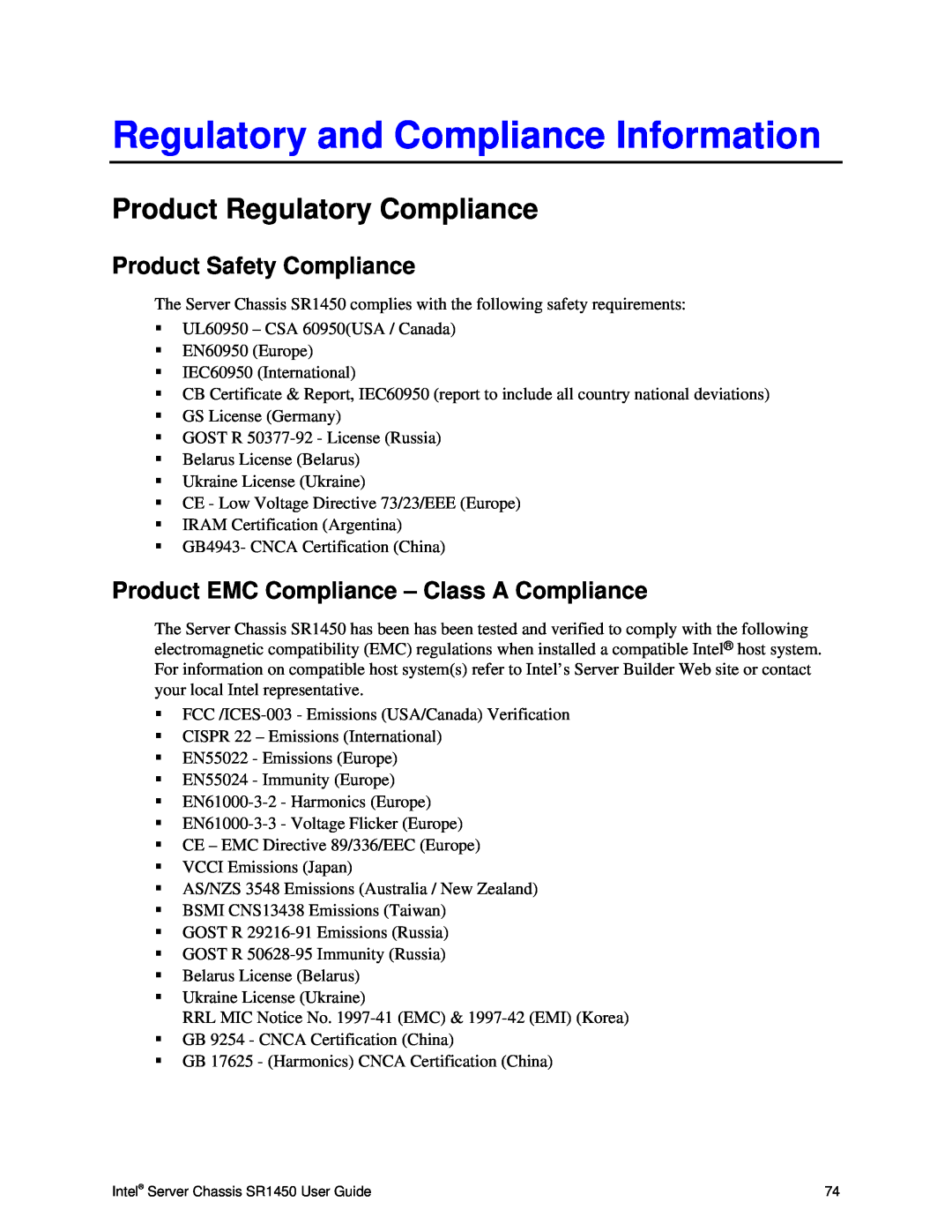 Intel SR1450 manual Regulatory and Compliance Information, Product Regulatory Compliance, Product Safety Compliance 