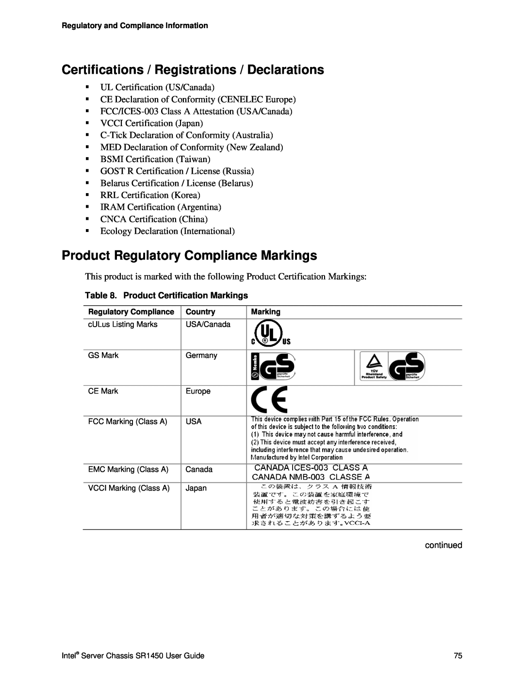Intel SR1450 manual Certifications / Registrations / Declarations, Product Regulatory Compliance Markings 