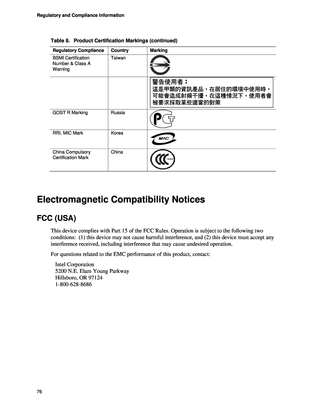 Intel SR1450 manual Electromagnetic Compatibility Notices, Fcc Usa 