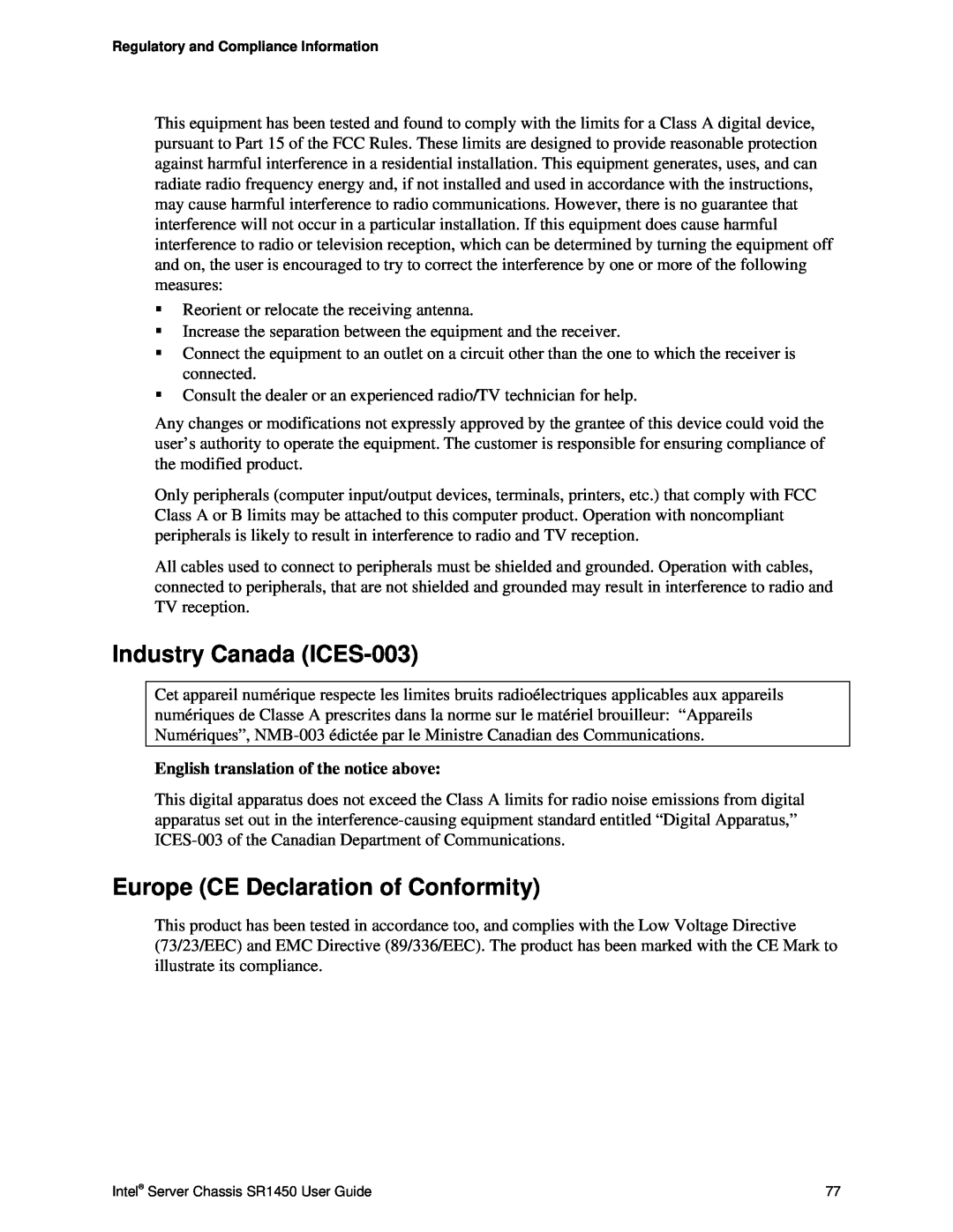 Intel SR1450 manual Industry Canada ICES-003, Europe CE Declaration of Conformity, English translation of the notice above 