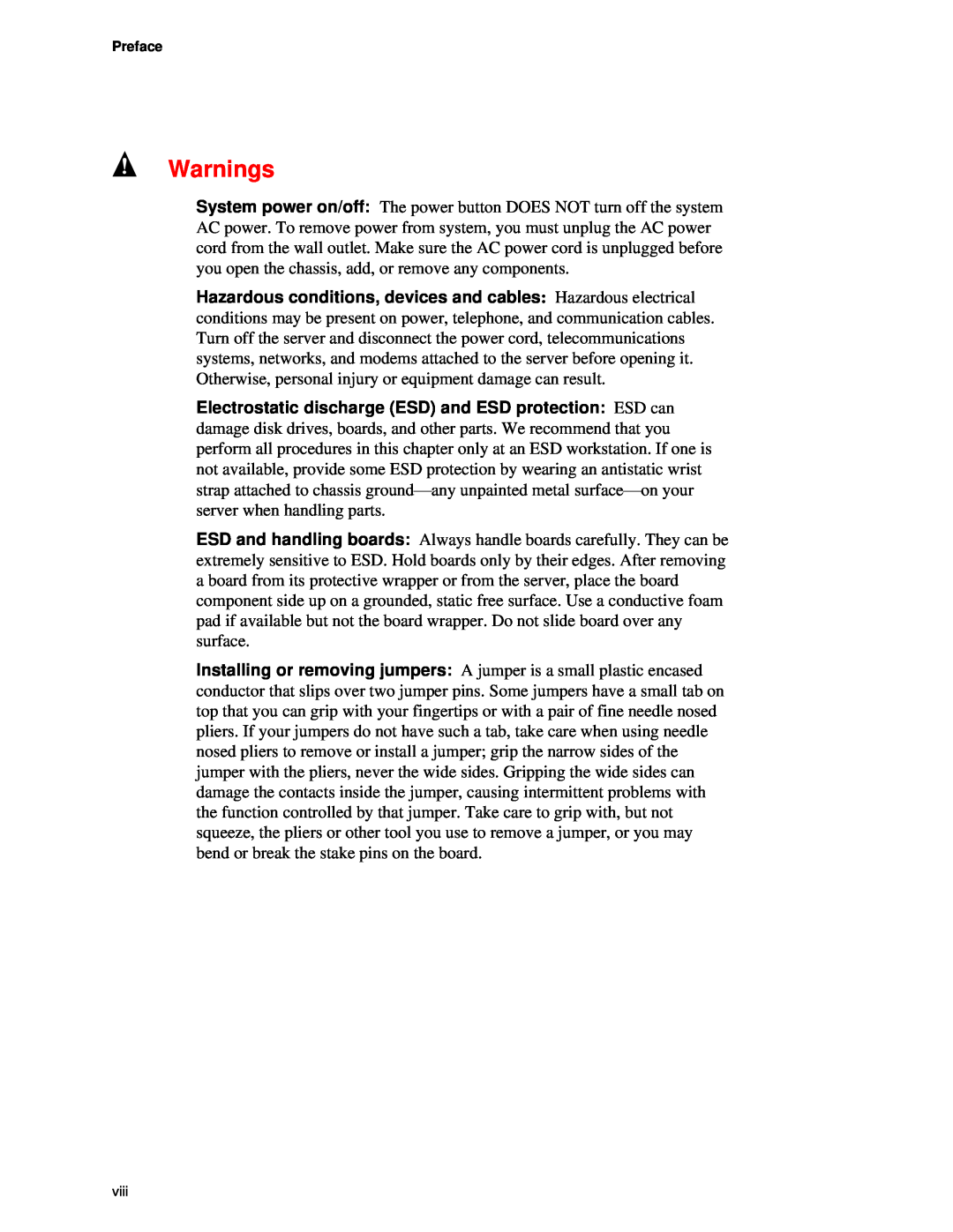 Intel SR1450 manual Warnings 