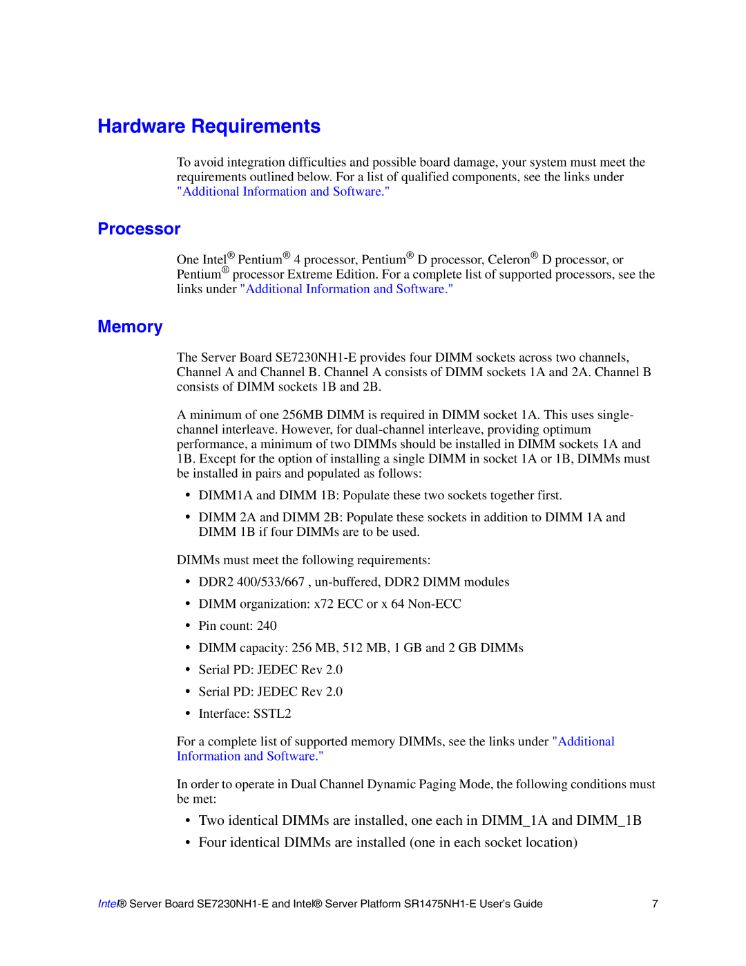 Intel SE7230NH1-E, SR1475NH1-E manual Hardware Requirements, Processor, Memory 