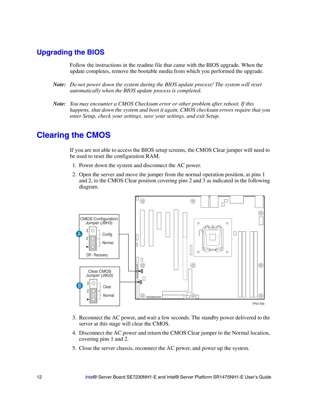 Intel SR1475NH1-E, SE7230NH1-E manual Clearing the Cmos, Upgrading the Bios 