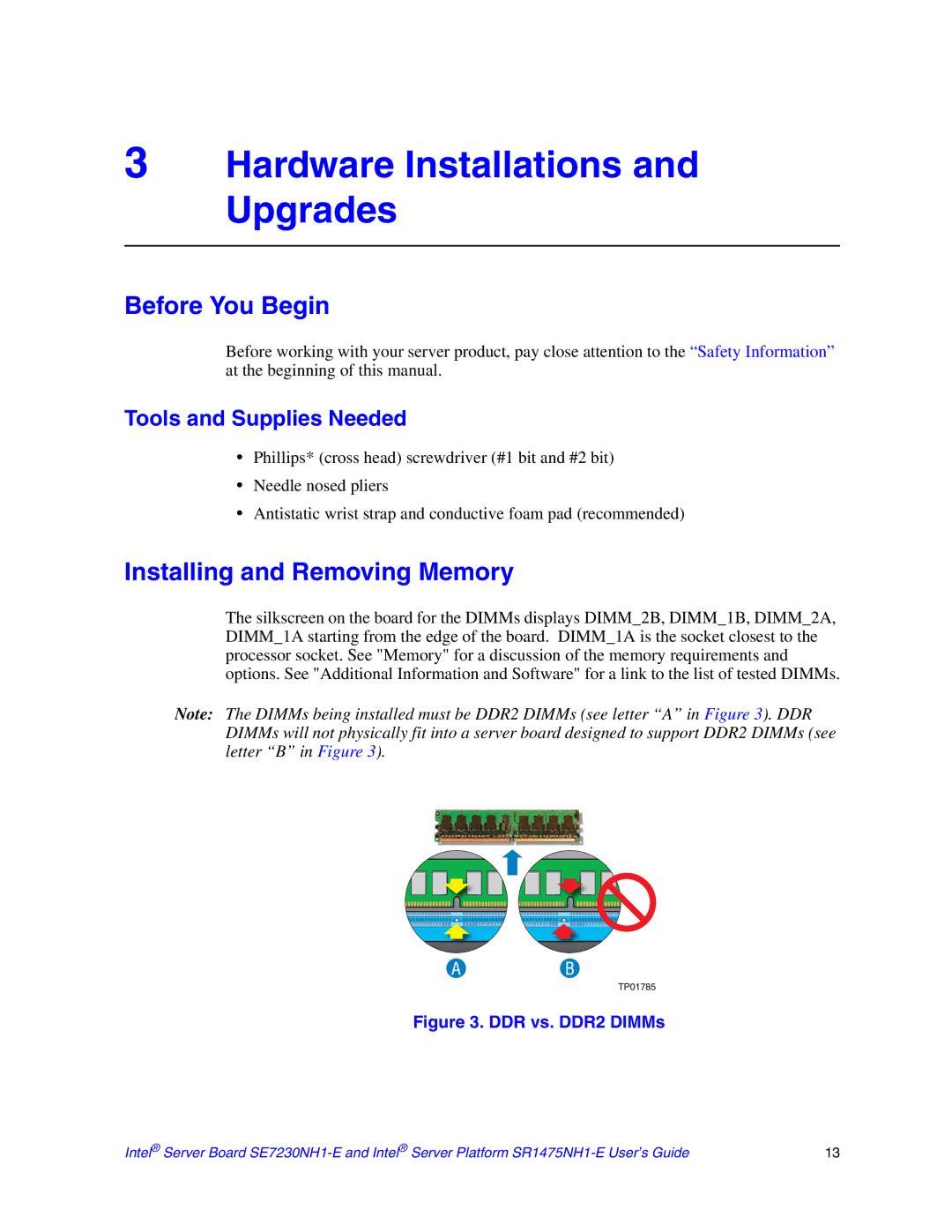 Intel SE7230NH1-E, SR1475NH1-E manual Hardware Installations and Upgrades, Before You Begin, Installing and Removing Memory 