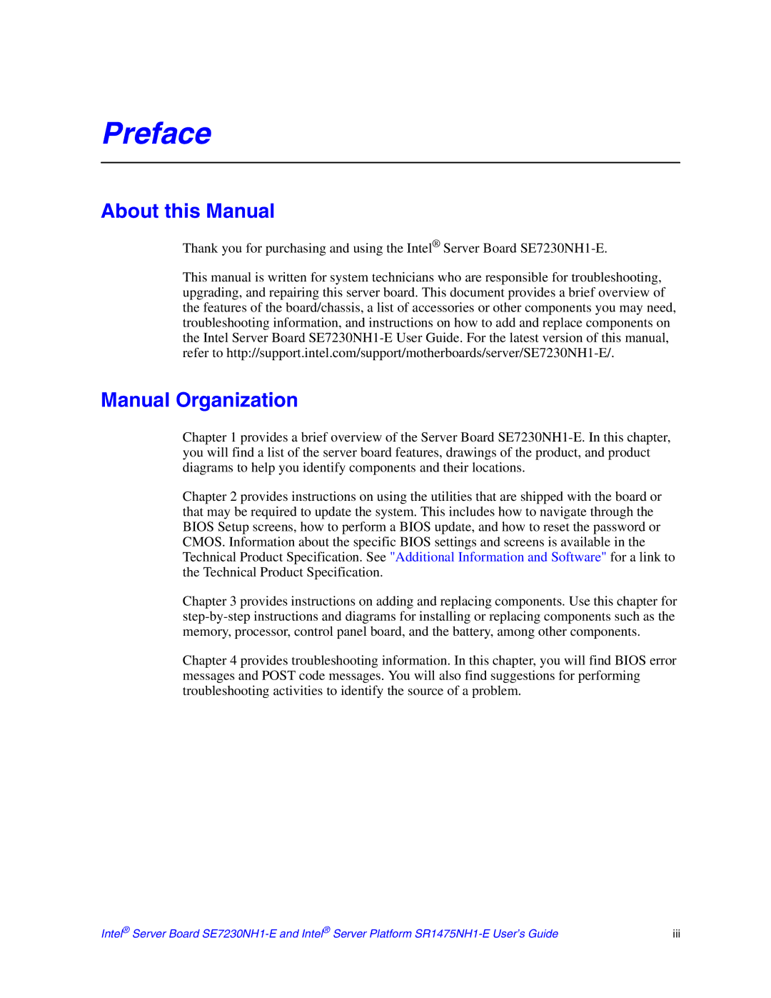 Intel SE7230NH1-E, SR1475NH1-E manual About this Manual, Manual Organization 