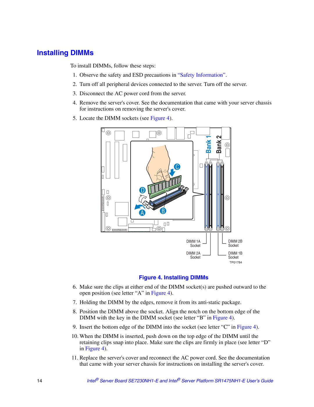 Intel SR1475NH1-E, SE7230NH1-E manual Installing DIMMs 