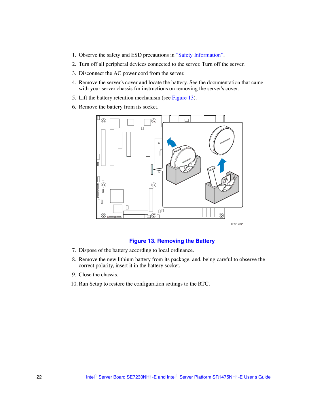 Intel SR1475NH1-E, SE7230NH1-E manual Removing the Battery 