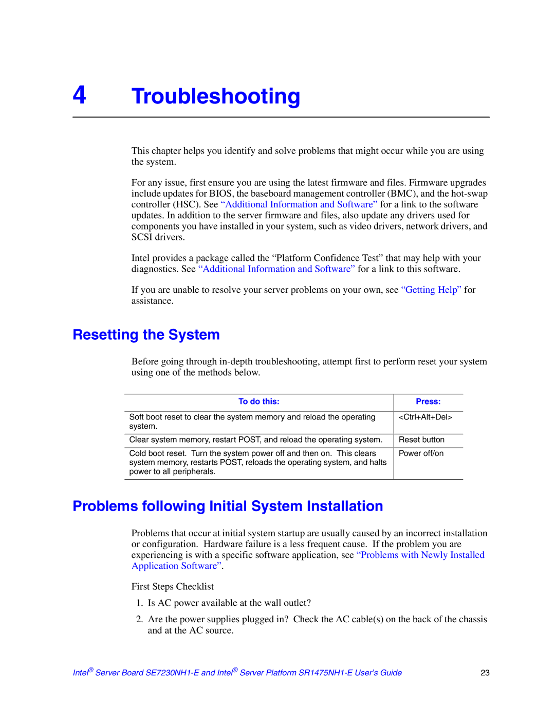 Intel SE7230NH1-E, SR1475NH1-E manual Troubleshooting, Resetting the System, Problems following Initial System Installation 