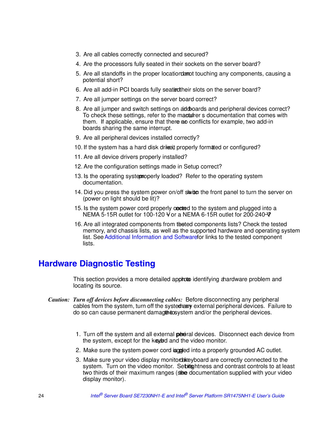 Intel SR1475NH1-E, SE7230NH1-E manual Hardware Diagnostic Testing 