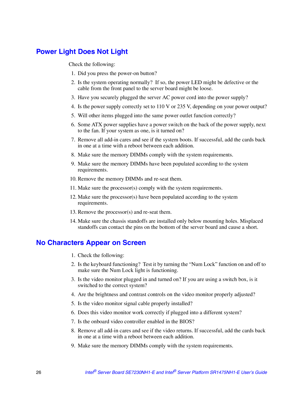 Intel SR1475NH1-E, SE7230NH1-E manual Power Light Does Not Light, No Characters Appear on Screen 