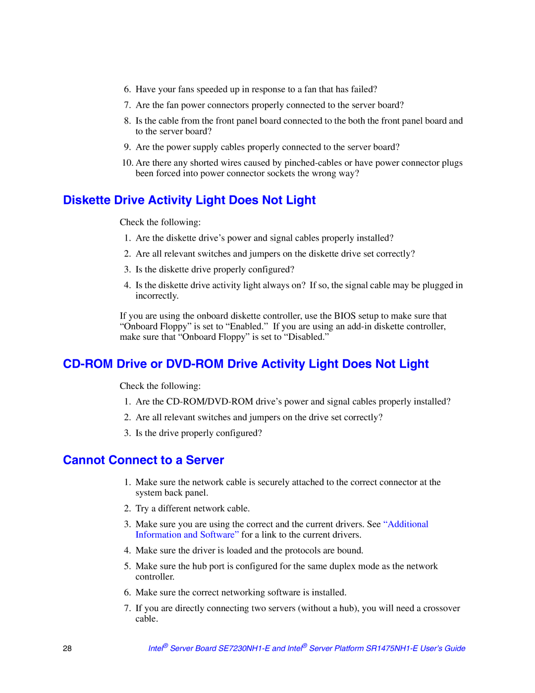 Intel SR1475NH1-E, SE7230NH1-E manual Diskette Drive Activity Light Does Not Light, Cannot Connect to a Server 