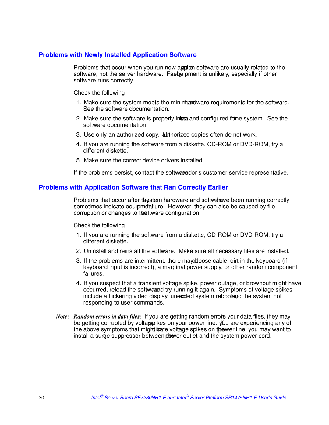 Intel SR1475NH1-E, SE7230NH1-E manual Problems with Newly Installed Application Software 