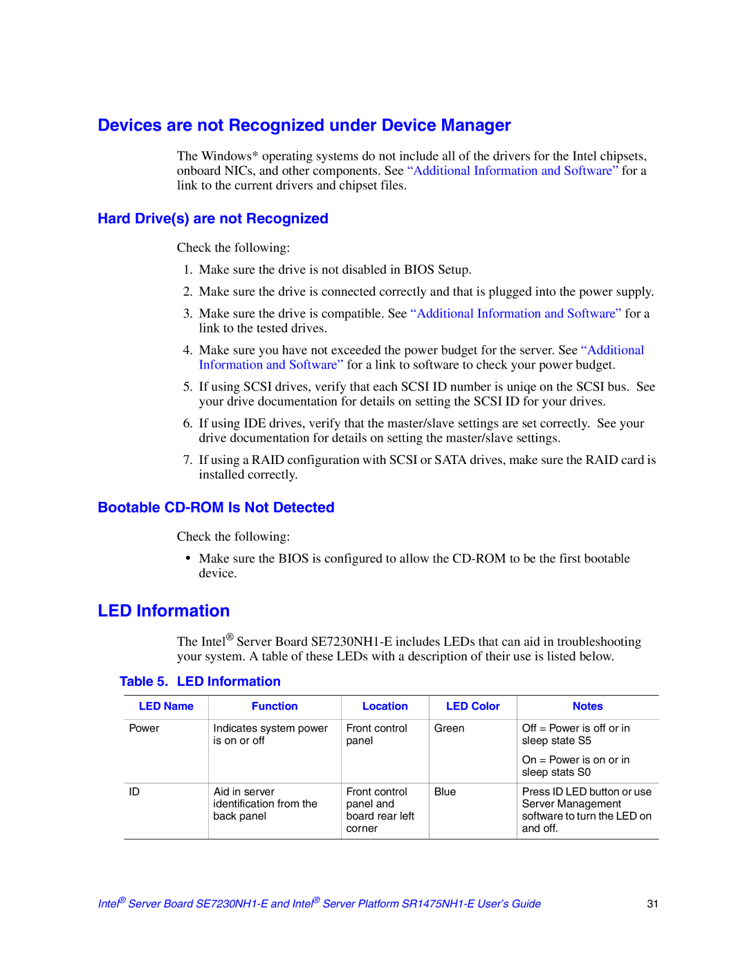 Intel SE7230NH1-E manual Devices are not Recognized under Device Manager, LED Information, Hard Drives are not Recognized 