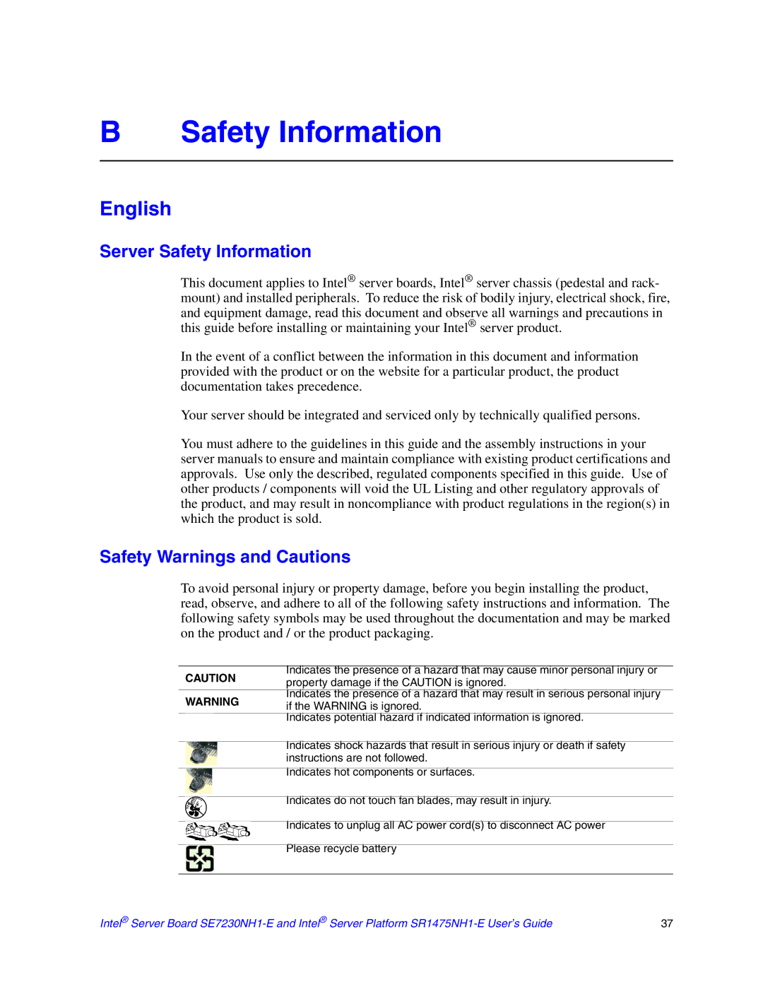 Intel SE7230NH1-E, SR1475NH1-E manual English, Server Safety Information, Safety Warnings and Cautions 