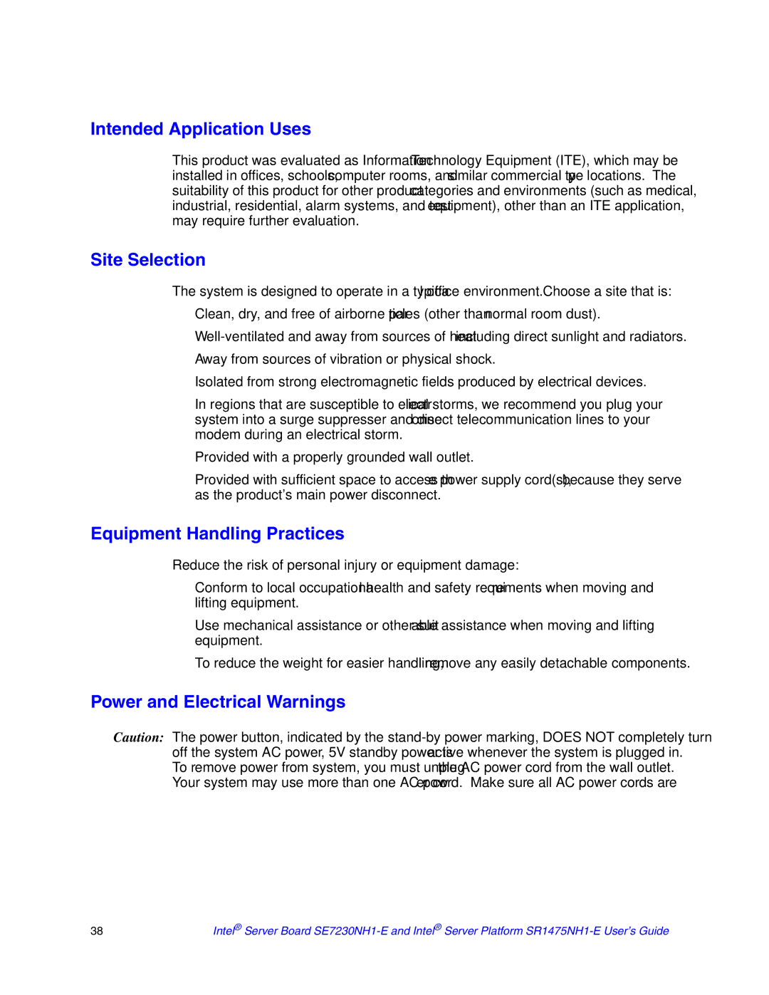 Intel SR1475NH1-E Intended Application Uses, Site Selection, Equipment Handling Practices, Power and Electrical Warnings 