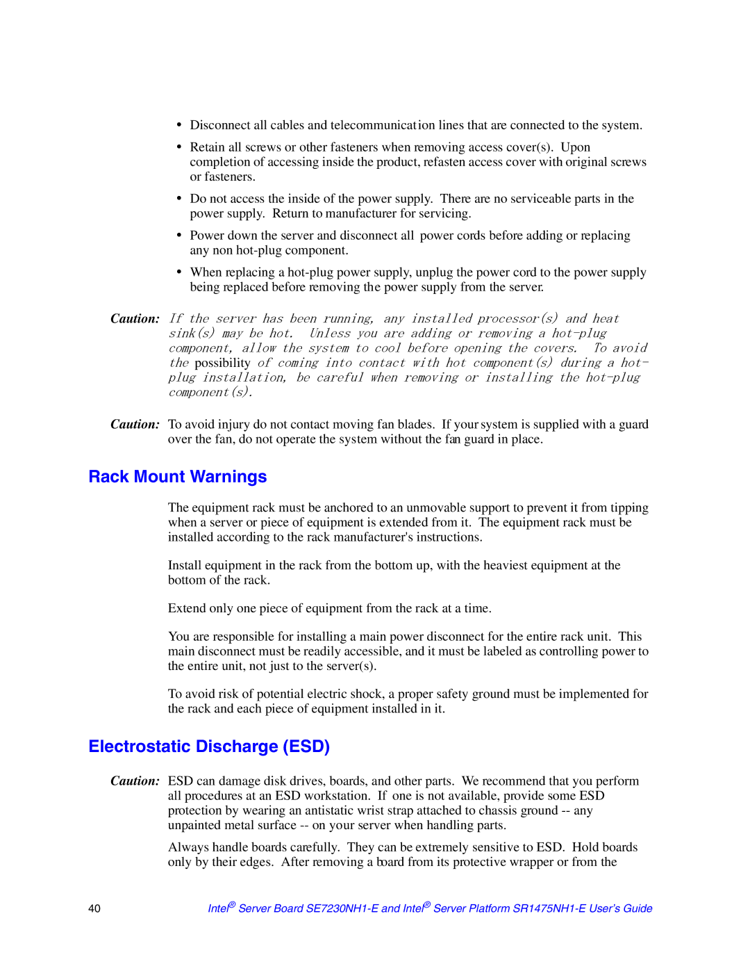 Intel SR1475NH1-E, SE7230NH1-E manual Rack Mount Warnings, Electrostatic Discharge ESD 