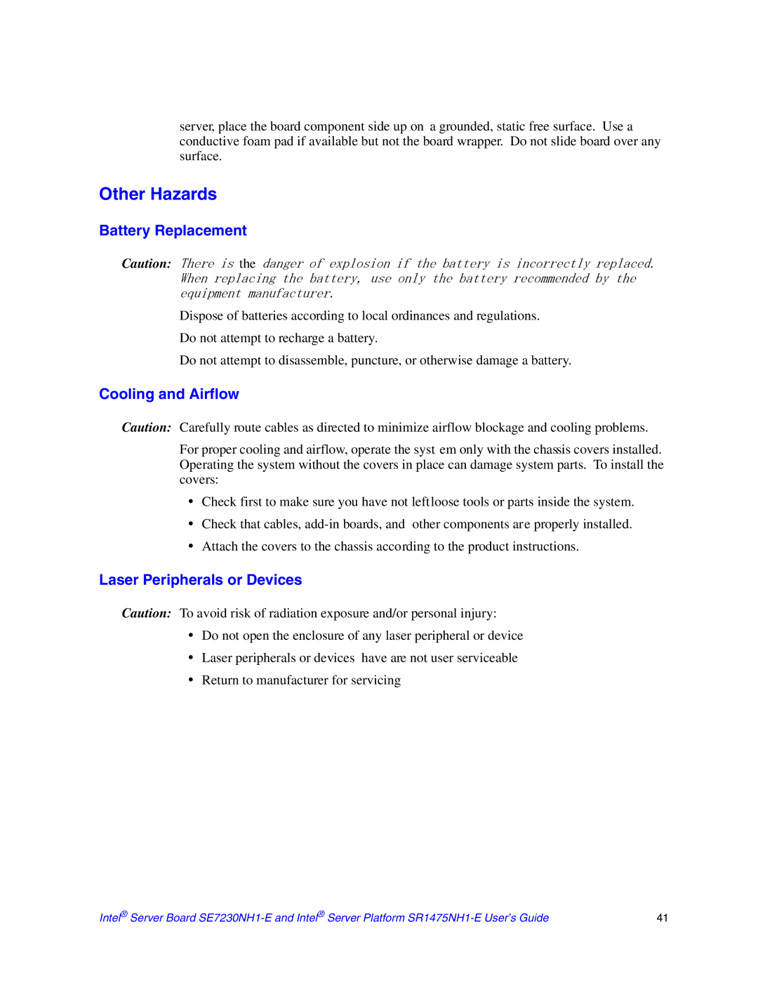 Intel SE7230NH1-E, SR1475NH1-E manual Other Hazards, Battery Replacement, Cooling and Airflow, Laser Peripherals or Devices 