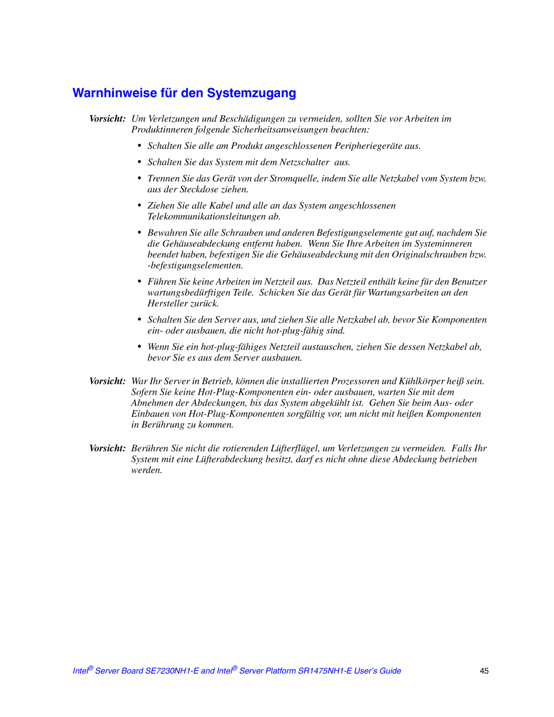 Intel SE7230NH1-E, SR1475NH1-E manual Warnhinweise für den Systemzugang 