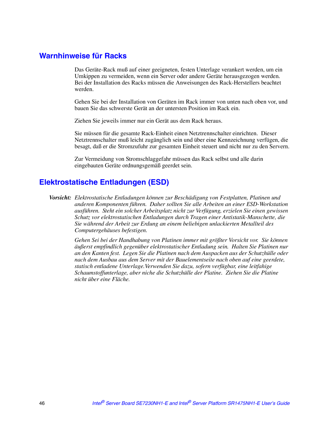 Intel SR1475NH1-E, SE7230NH1-E manual Warnhinweise für Racks, Elektrostatische Entladungen ESD 