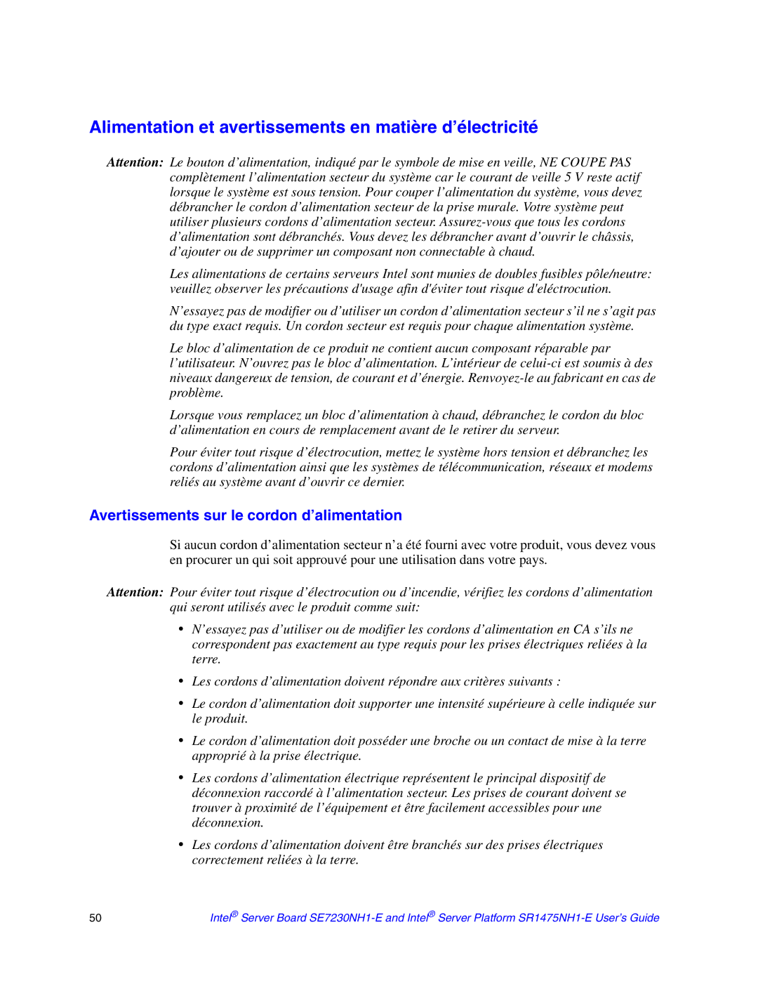 Intel SR1475NH1-E Alimentation et avertissements en matière d’électricité, Avertissements sur le cordon d’alimentation 